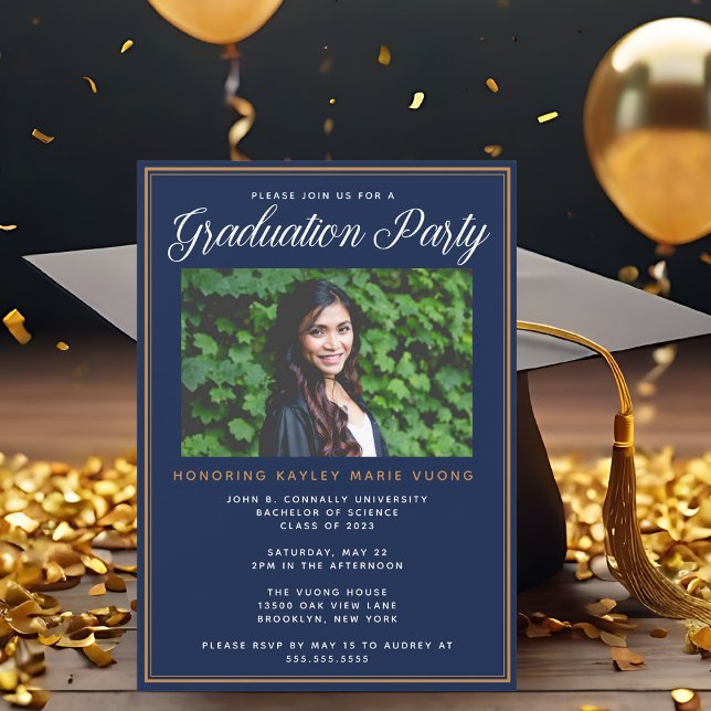 Chic Navy Blue Gold Photo Graduation Party Invitation (Creator Uploaded)