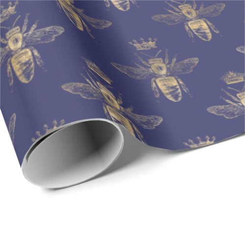 Chic Navy Blue Gold Queen Bee Pattern Wrapping Paper