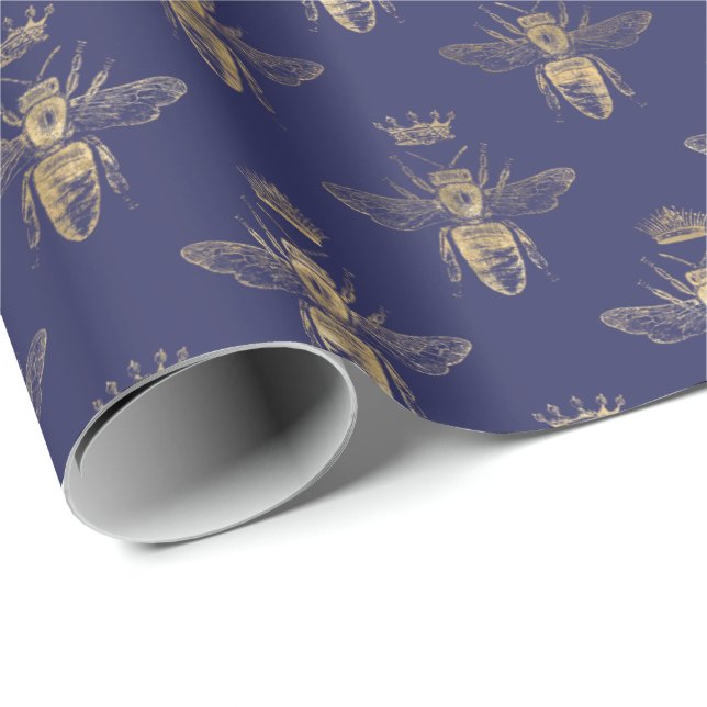Chic Navy Blue Gold Queen Bee Pattern Wrapping Paper (Roll Corner)