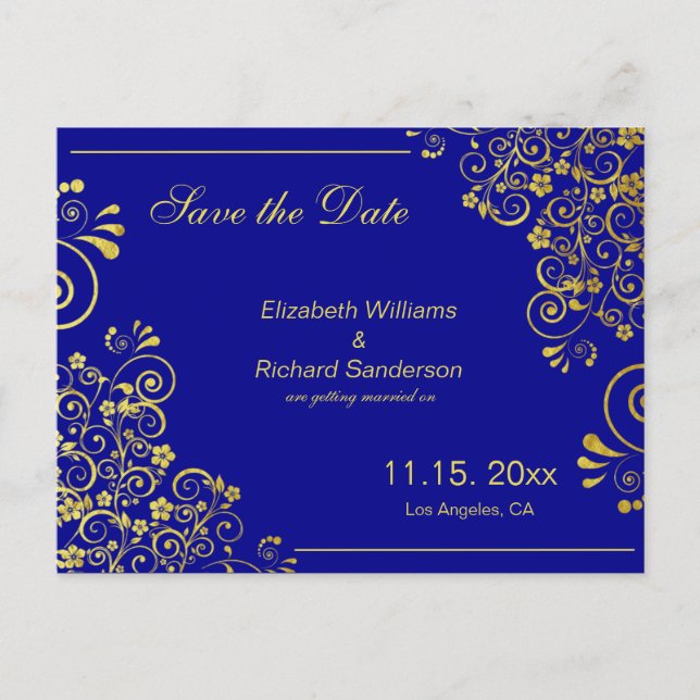 Chic Navy Blue Gold Save the Date Wedding Announcement Postcard (Front)