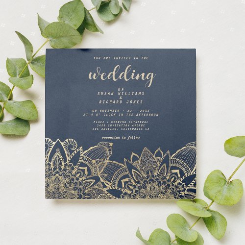 Chic Navy blue gold script floral mandala wedding  Invitation