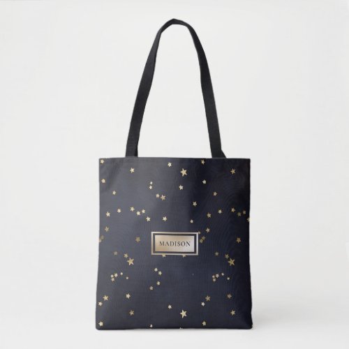 Chic Navy Blue Gold Stars Personalized Name Tote Bag