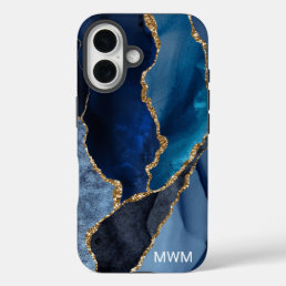 Chic Navy Blue Gold Veins Agate Monogram iPhone 16 Case