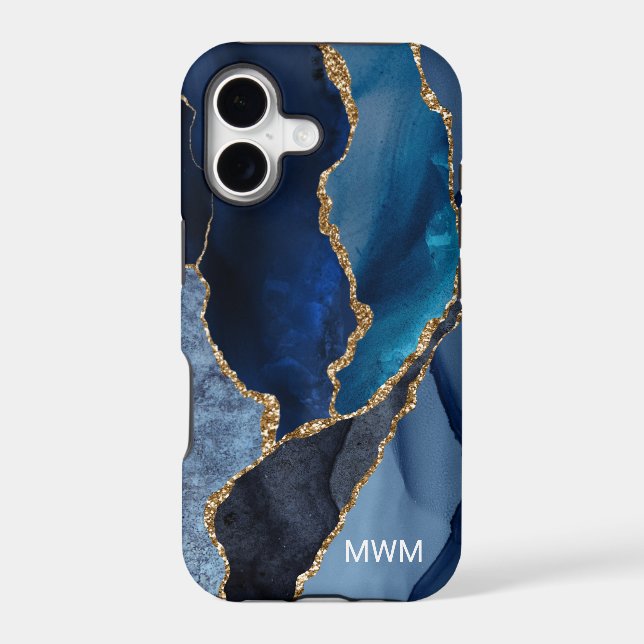 Chic Navy Blue Gold Veins Agate Monogram Case-Mate iPhone Case (Back)