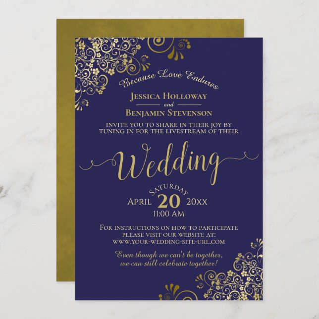 Chic Navy Blue & Gold Virtual Wedding Livestream Invitation (Front/Back)