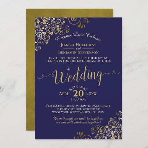 Chic Navy Blue  Gold Virtual Wedding Livestream Invitation