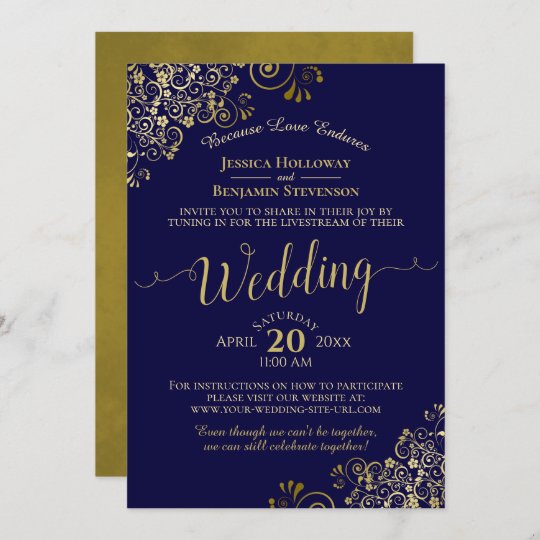 Chic Navy Blue & Gold Virtual Wedding Livestream Invitation | Zazzle.com