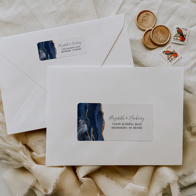 Chic Navy Blue Gold Wedding Return Address Label | Zazzle