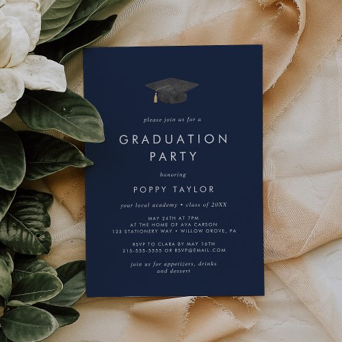 Chic Navy Blue Grad Cap Graduation Party Invitation