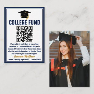 Chic Navy Blue Graduate Photo College Fund QR Code Enclosure Card
