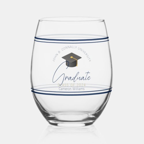 Chic Navy Blue Graduation Keepsake Gift Stemless Wine Glass