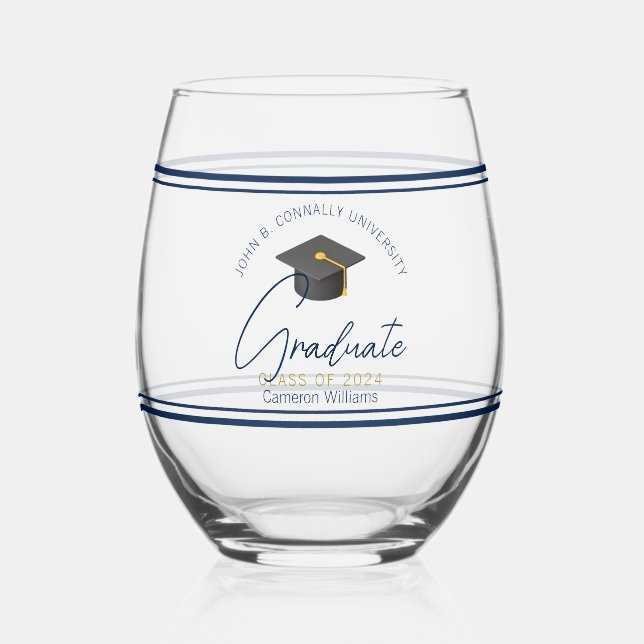 Chic Navy Blue Graduation Keepsake Gift Stemless Wine Glass (Front)