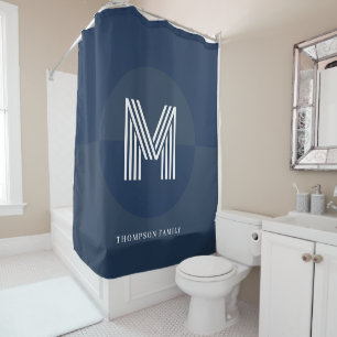 Chic Navy Blue Gray Geometric Modern Monogram Shower Curtain