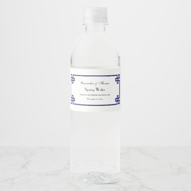 Chic Navy Blue Greek Key Knot Frame Water Bottle Label (Front)