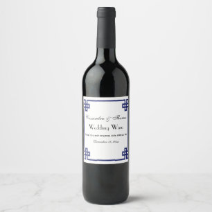 Chic Navy Blue Greek Key Knot Frame Wine Label