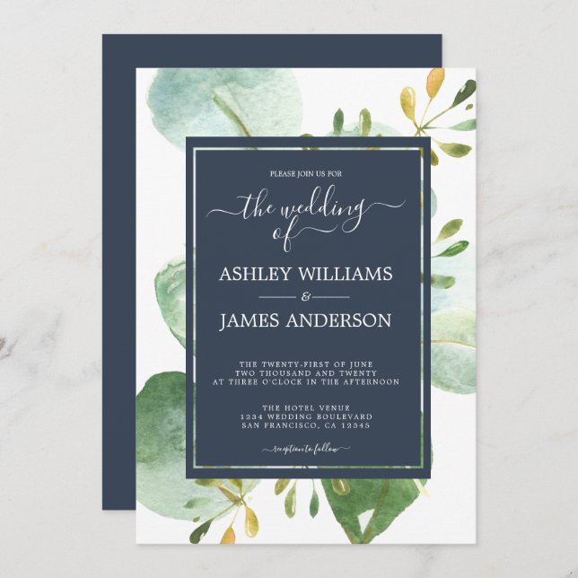 Chic Navy Blue Green Eucalyptus Botanical Wedding Invitation (Front/Back)