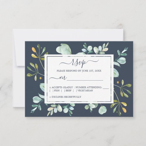 Chic Navy Blue Green Eucalyptus Botanical Wedding RSVP Card