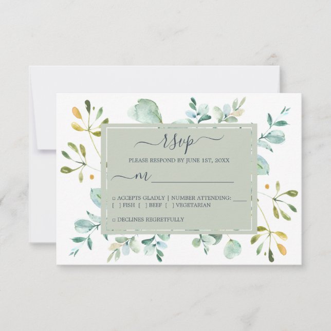Chic Navy Blue Green Eucalyptus Botanical Wedding RSVP Card (Front)