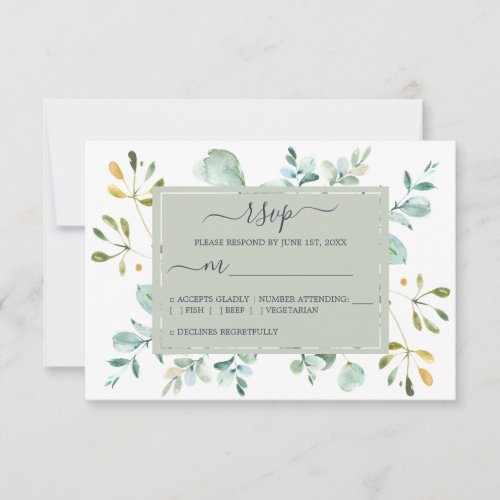 Chic Navy Blue Green Eucalyptus Botanical Wedding RSVP Card