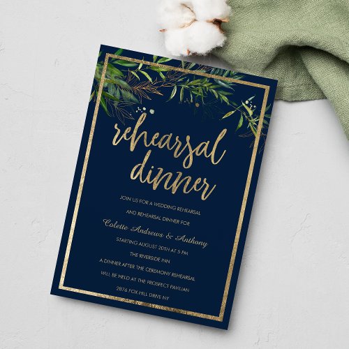 Chic Navy blue green gold foliage Rehearsal Dinner Invitation