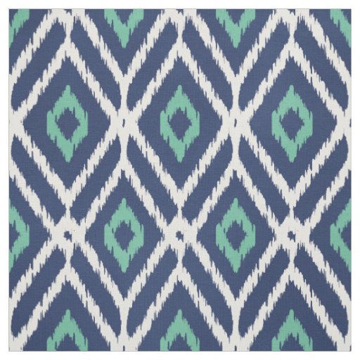 Chic navy blue green ikat tribal diamond pattern fabric