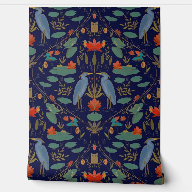 Chic navy blue Heron Pond Heritage Revival Wallpaper (Unrolling)