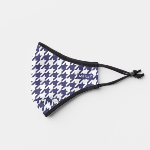 Chic Navy Blue Houndstooth Pattern Monogrammed Premium Face Mask