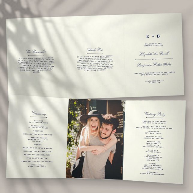 Chic Navy Blue & Ivory Wedding Tri-Fold Program (Creator Uploaded)