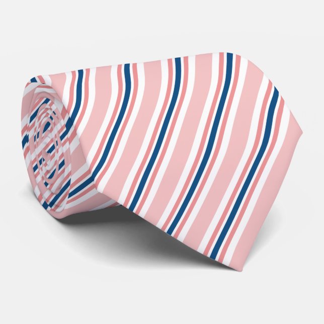 Chic Navy Blue Light Blush Pink Stripes Pattern Neck Tie (Rolled)
