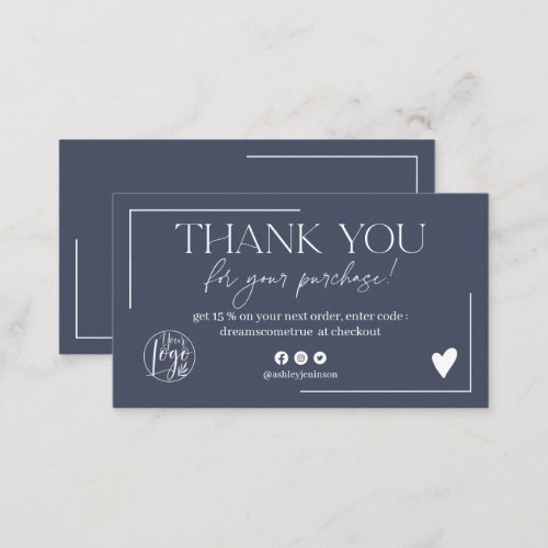 Chic navy blue logo script order thank you business card