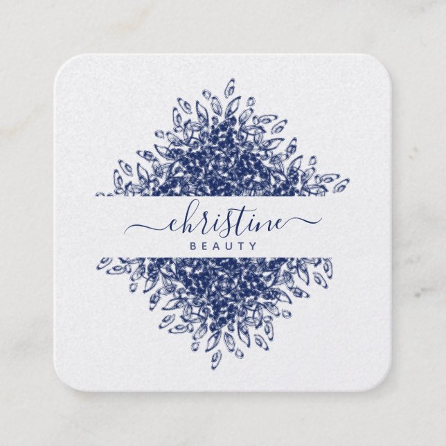 Chic Navy Blue Mandala Drawing Script Signature Square Business Card (Front)