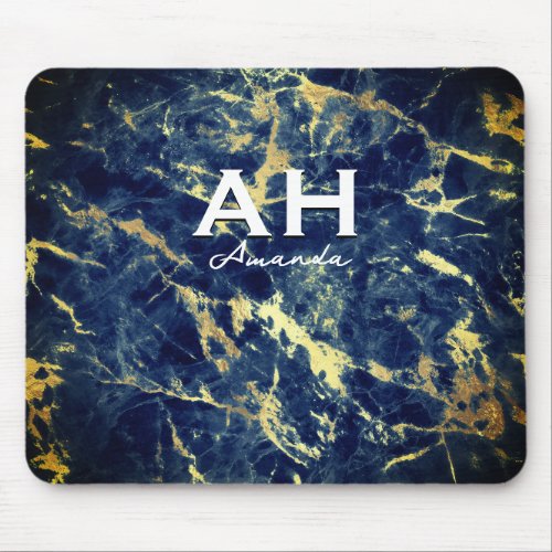 chic navy blue marble faux gold glitter monogram mouse pad