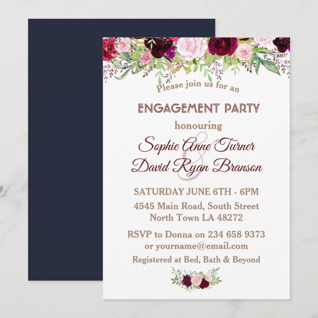 Chic Navy Blue Marsala Floral Engagement Party Invitation (Front/Back)
