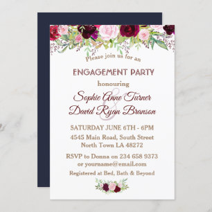 Chic Navy Blue Marsala Floral Engagement Party Invitation