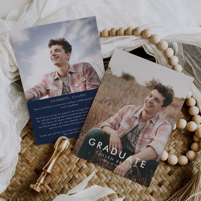 Chic Navy Blue Message and Photo Graduation Announcement (Creator Uploaded)
