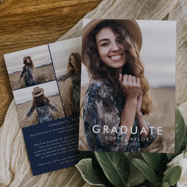 Chic Navy Blue Message Photo Collage Graduation Announcement | Zazzle