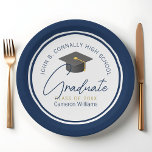Chic Navy Blue Modern 2024 Graduation Party Paper Plates<br><div class="desc">These modern navy blue custom graduation party plates feature your high school or college name for the class of 2024. Customize with your graduating year under the chic handwritten script and grey grad cap for great personalized graduate party decor.</div>