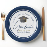 Chic Navy Blue Modern 2026 Graduation Party Paper Plates<br><div class="desc">These modern navy blue custom graduation party plates feature your high school or college name for the class of 2026. Customize with your graduating year under the chic handwritten script and grey grad cap for great personalized graduate party decor.</div>