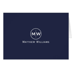 Chic Navy Blue Modern Circle Two Monogram Initial Cards
