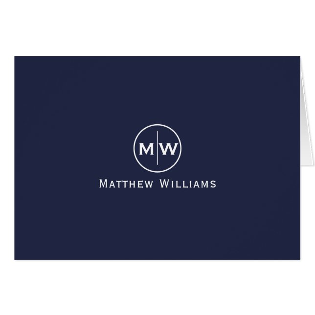 Chic Navy Blue Modern Circle Two Monogram Initial Cards (Front Horizontal)