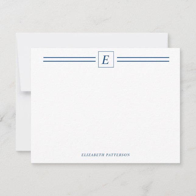 Chic Navy Blue Monogram Double Line Note Card (Front)