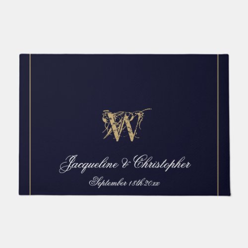 Chic Navy Blue Monogram Names Newlyweds Wedding Doormat