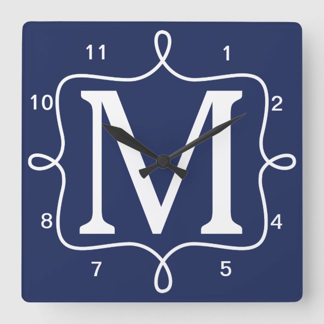 Chic Navy Blue Monogram Square Wall Clock (Front)
