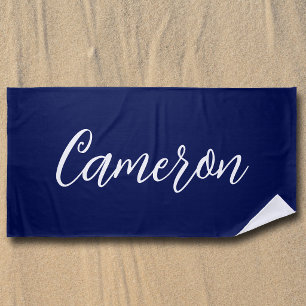 Chic Navy Blue Name Custom Handwritten Script Beach Towel