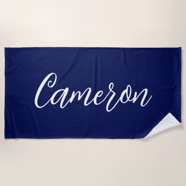 Chic Navy Blue Name Custom Handwritten Script Beach Towel (Front)