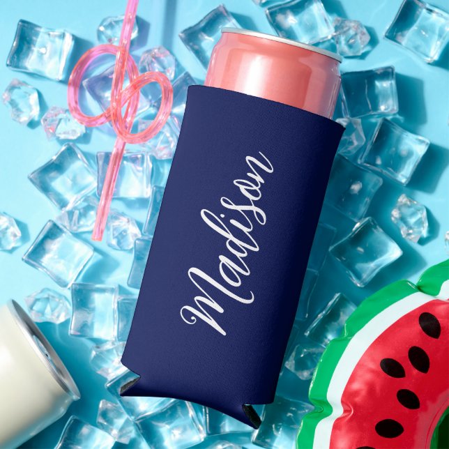 Chic Navy Blue Name Custom Handwritten Script Seltzer Can Cooler (In Situ Summer)