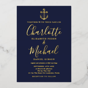 Chic Navy Blue Nautical Anchor Wedding Gold Foil Invitation