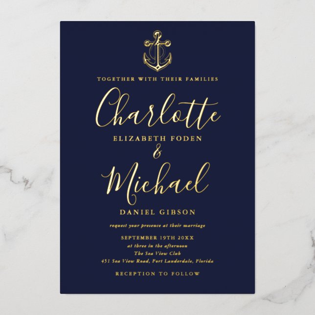 Chic Navy Blue Nautical Anchor Wedding Gold Foil Invitation (Front)
