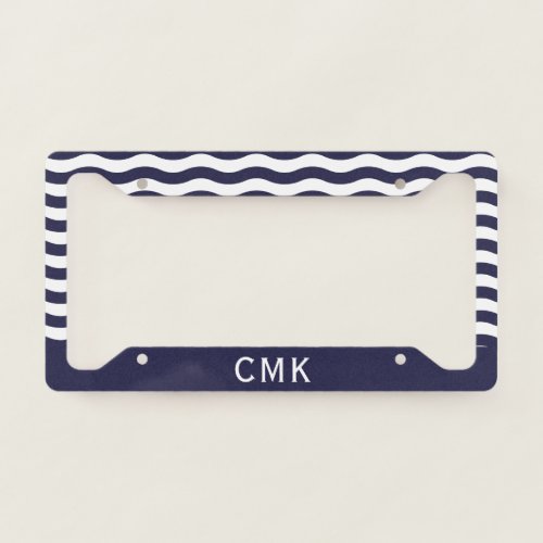 Chic Navy Blue Nautical Waves Monogram License Plate Frame