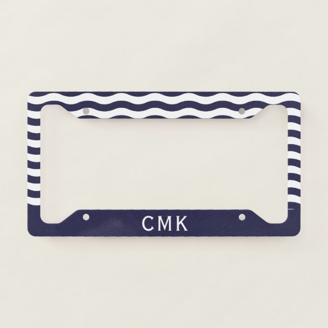 Chic Navy Blue Nautical Waves Monogram License Plate Frame (Front)
